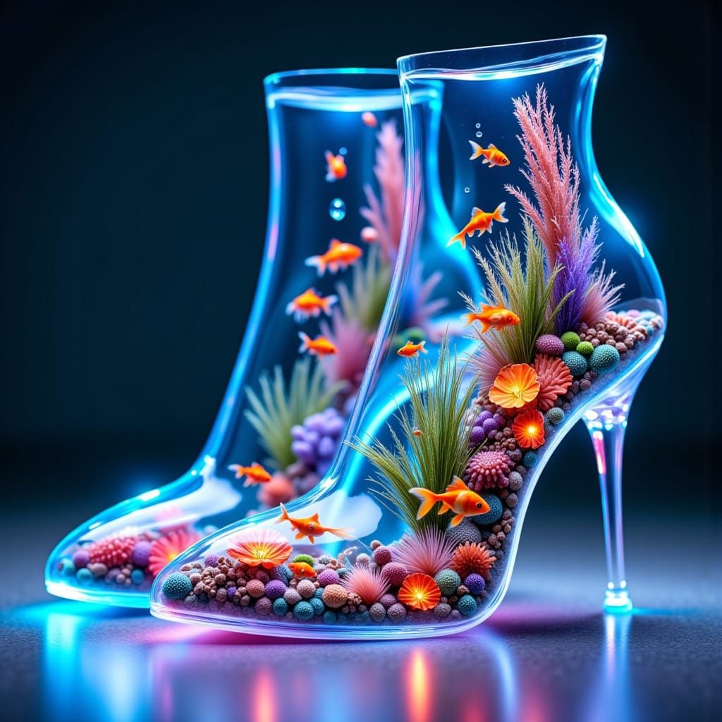 <lora:Oceanic Impressions:1.0>transparent high heels with plateau, inside the Plateau there is an aquarium scene, with u...