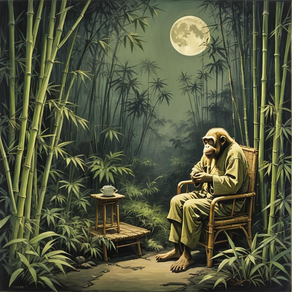 Elderly Ape Contemplating Moon in Bamboo Jungle