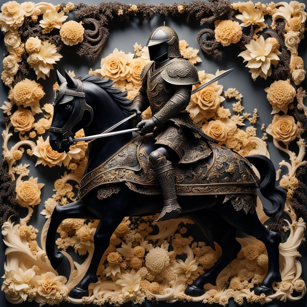 Ornate Black Knight Fighting Dragon in 8k