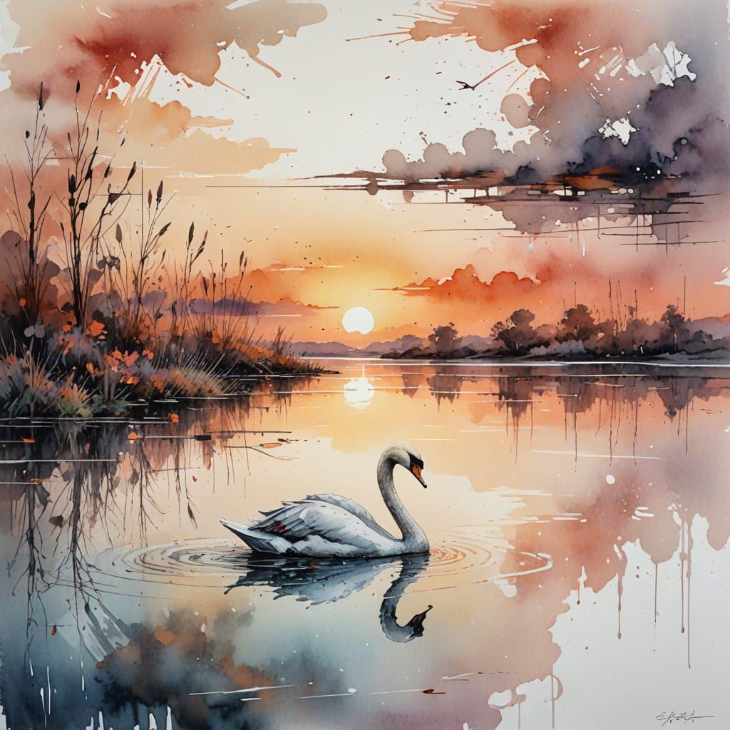 Ethereal Sunset Lake Scene with Swan in Watercolour Style