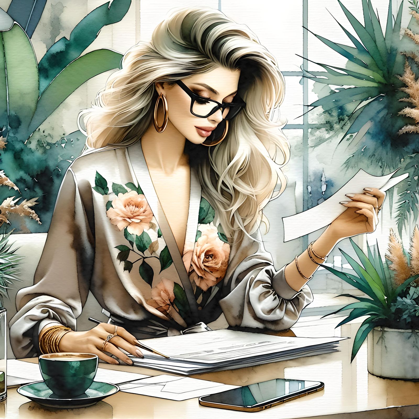Elegant Woman Reads Mail in Watercolor Painting