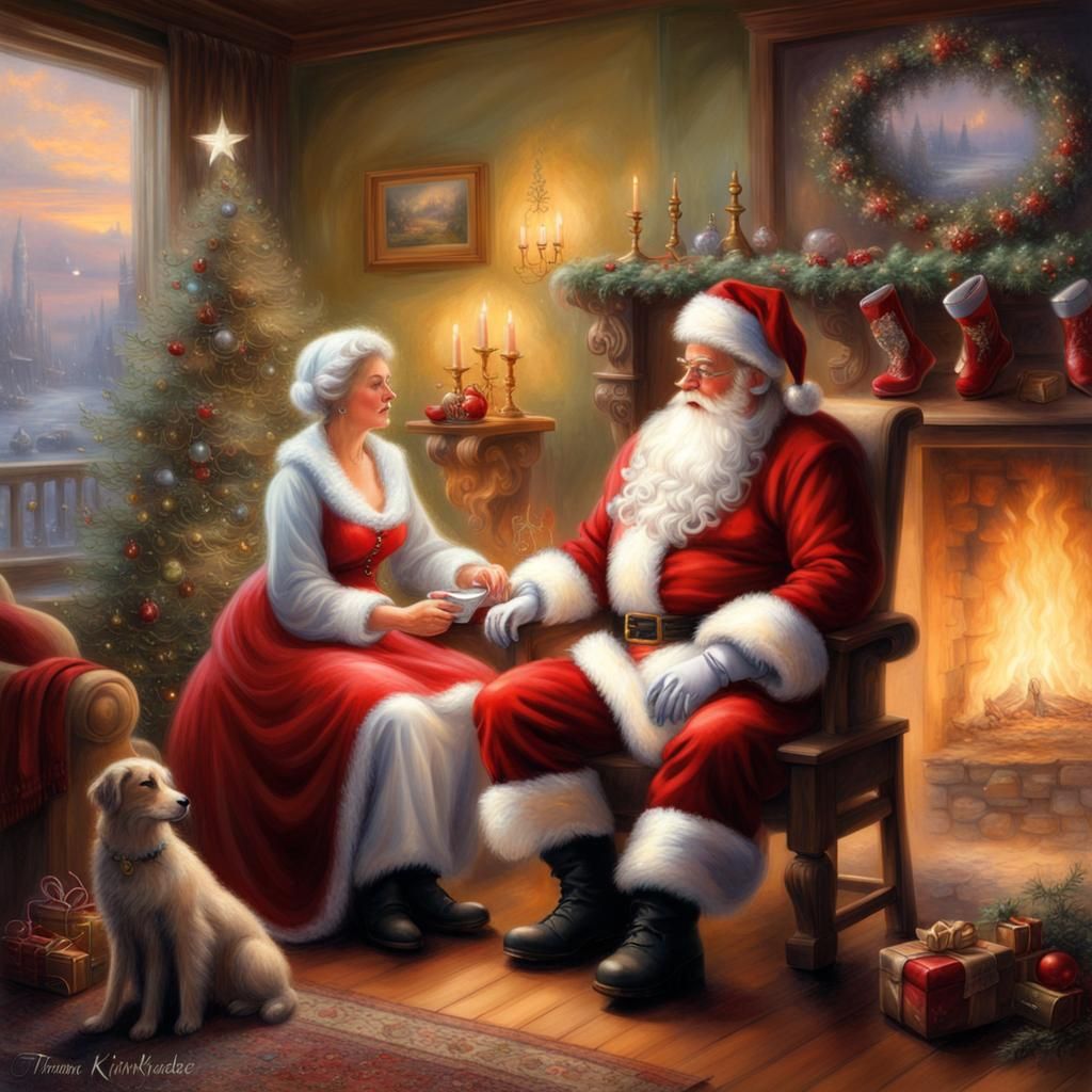 Santa and Mrs. Claus by Fireplace in Ethereal Style