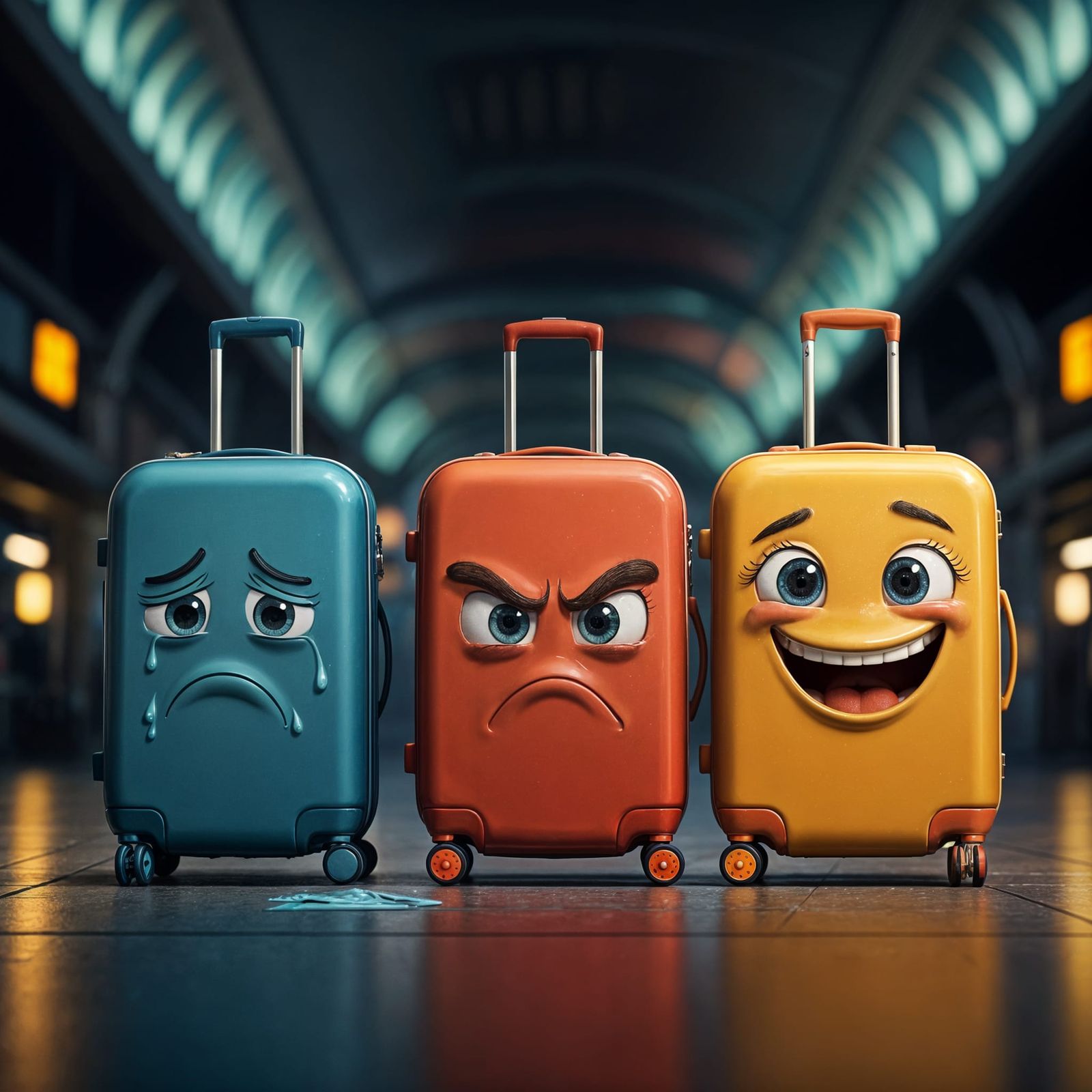 Emotional Suitcases in Playful Airport Scene