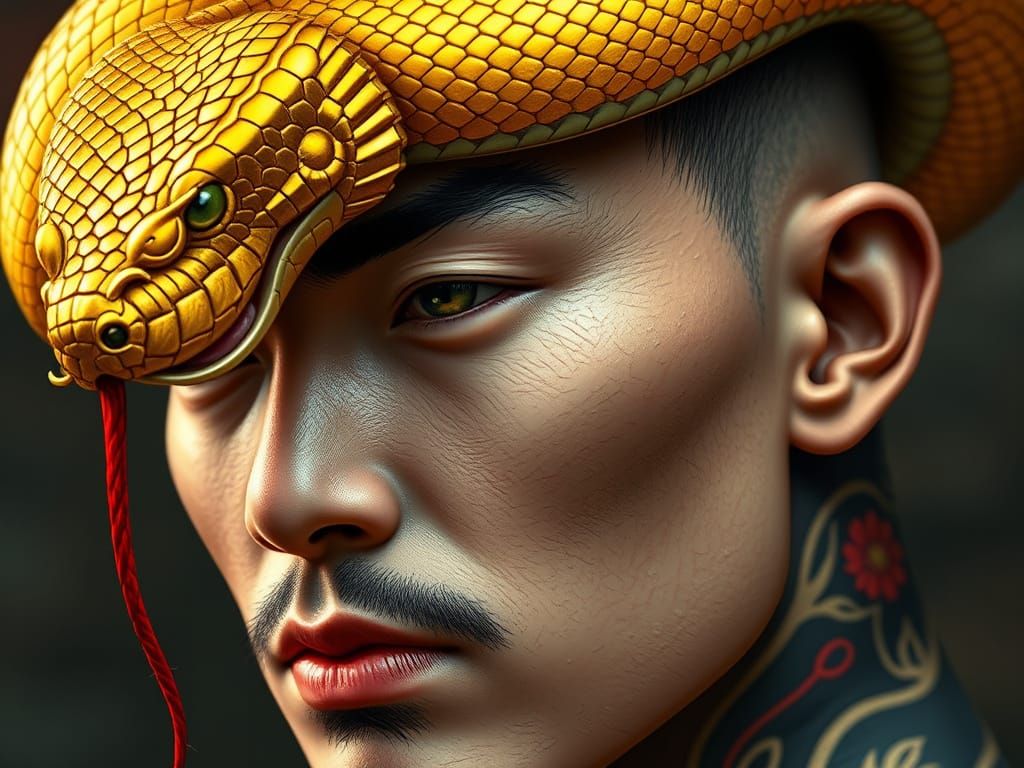 A Handsome Chinese Man with a Golden Snake Adorned on His He...