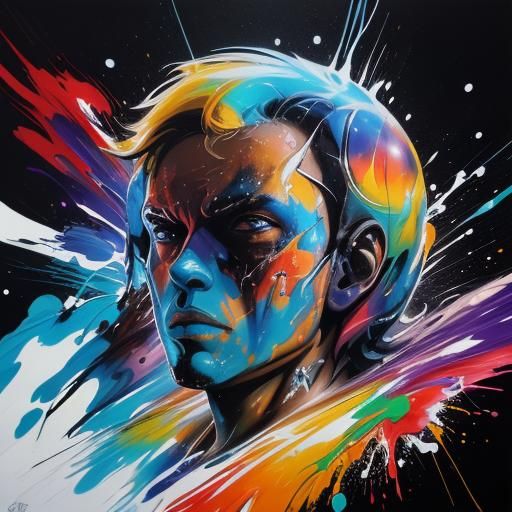 Man Drifting Through Space in Graffiti Art