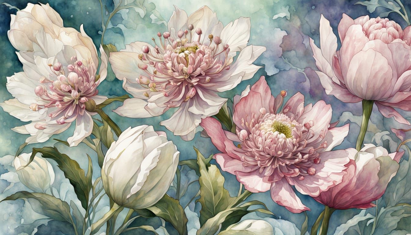 Art Nouveau Watercolour Painting of Flowers