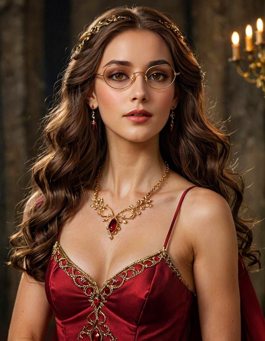 Elven Woman in Red Dress with Gold Jewelry