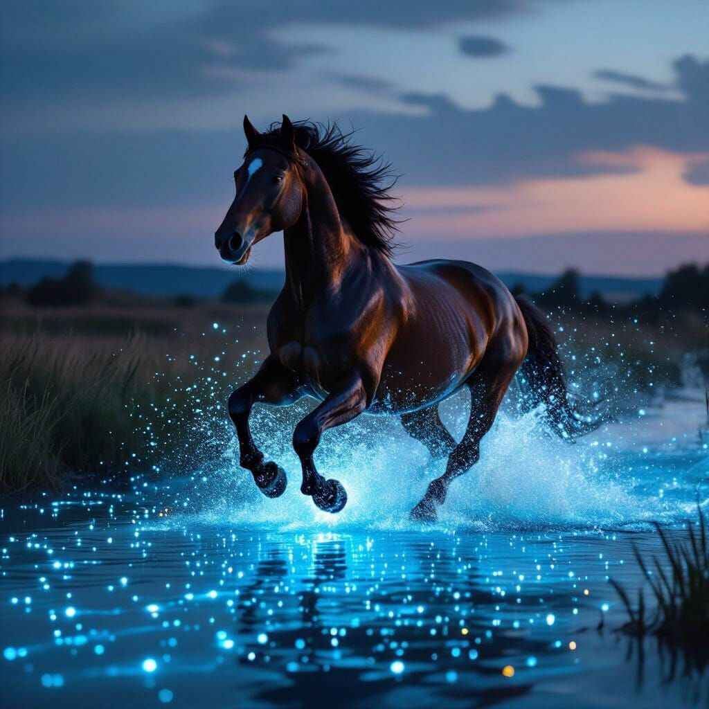 Horse Galloping Through Bioluminescent Water