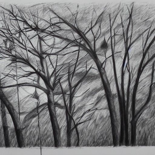 Hyperdetailed Charcoal Drawing of Leafless Trees