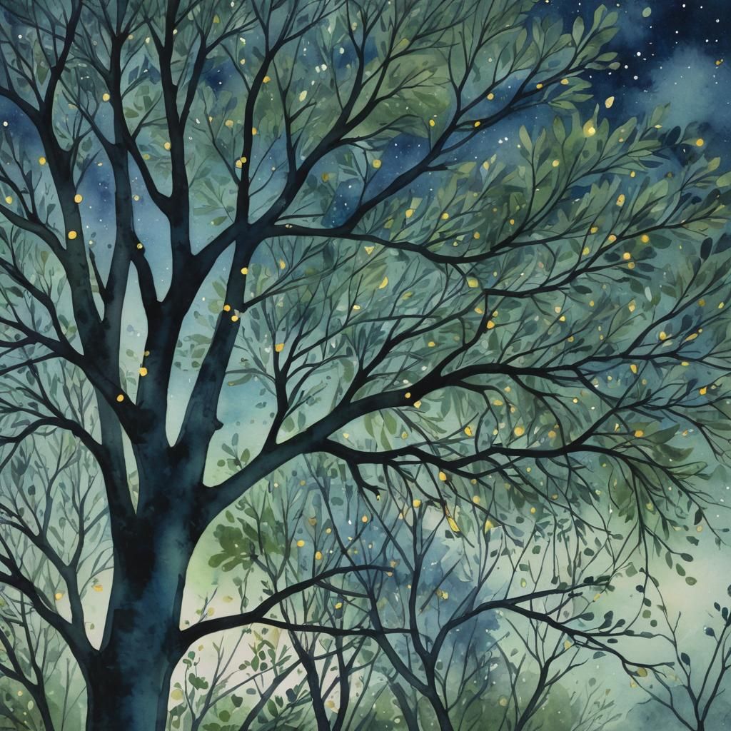 Watercolor Tree Aglow with Fireflies at Night