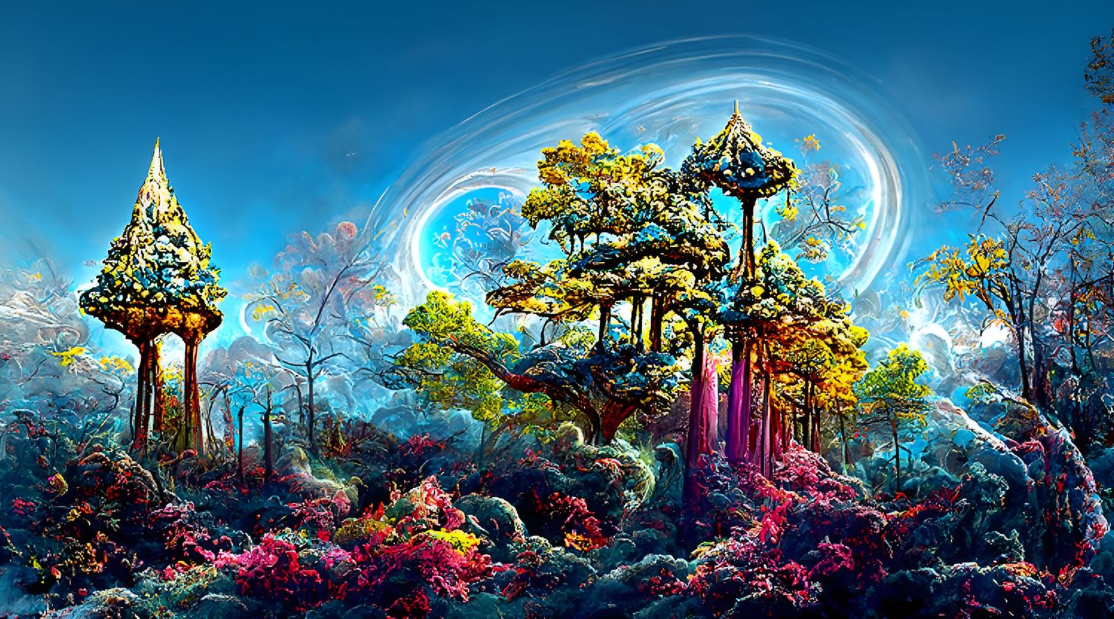 Sci-Fi Mystical Woods with Swirling Tower, Detailed Painting