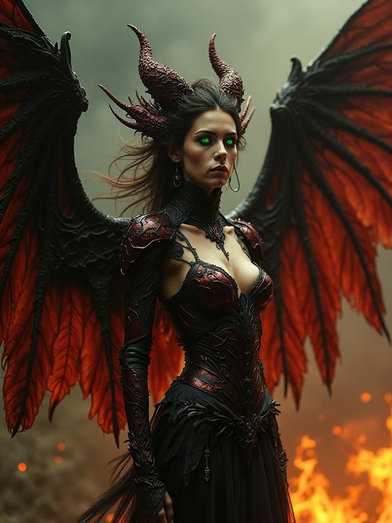 Fallen Angel in Crimson Armor with Black Wings