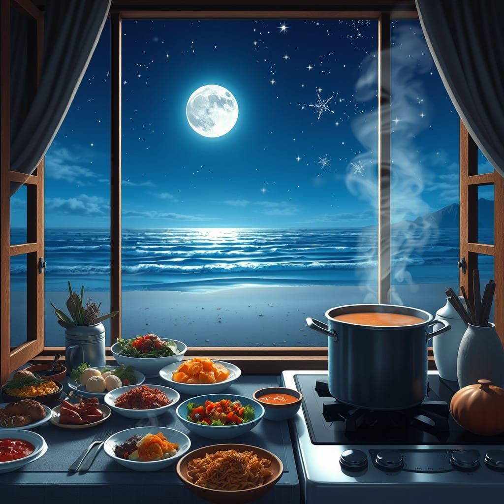 Glowing Beachside Kitchen Scene at Night