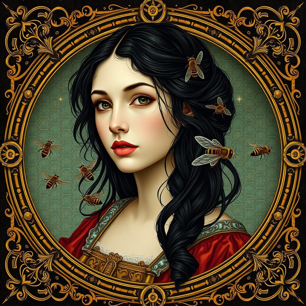 Medieval Beauty Surrounded by Whirling Bees in Celestial Fra...