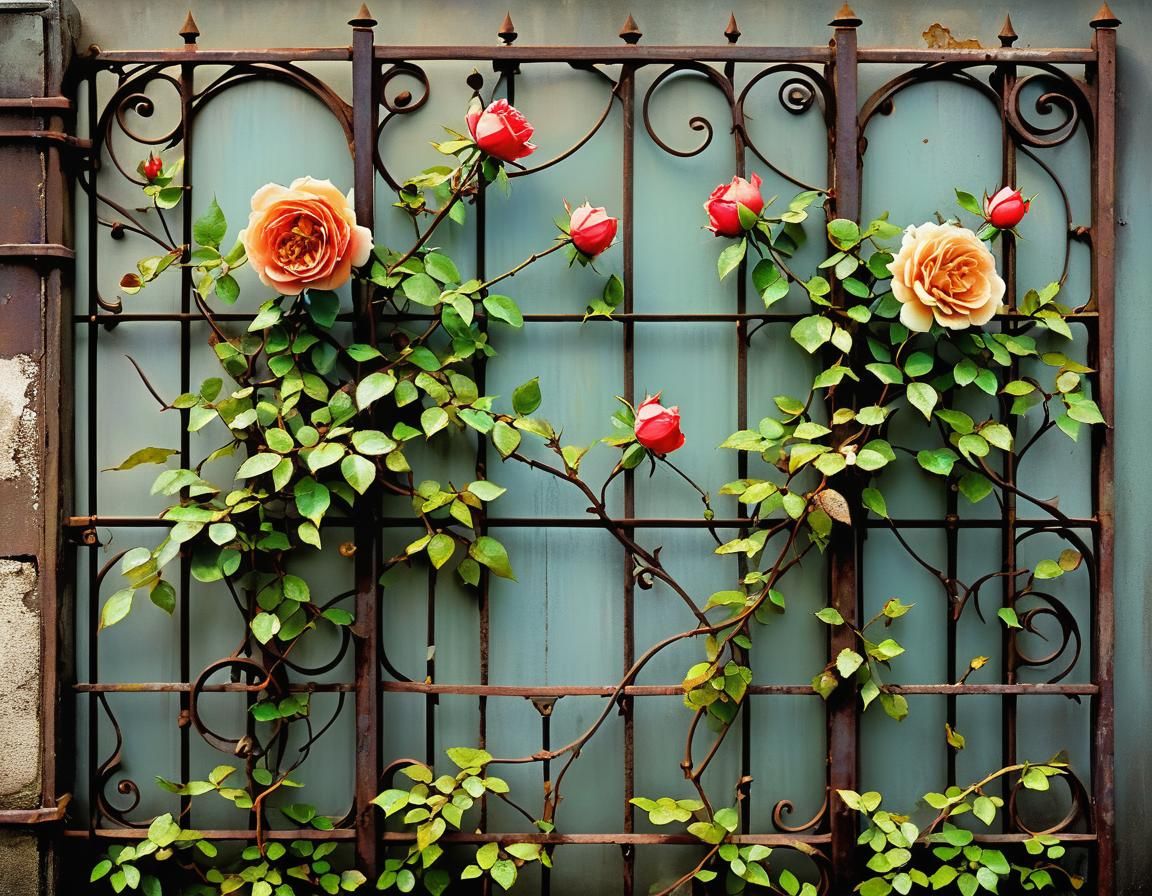 Ornate Rusty Fence with Climbing Rose