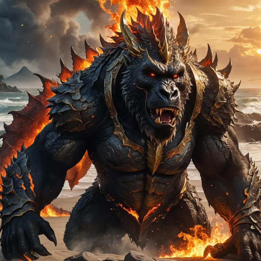 Dragon-Gorilla Hybrid in War-Torn Landscape: Anime Concept A...