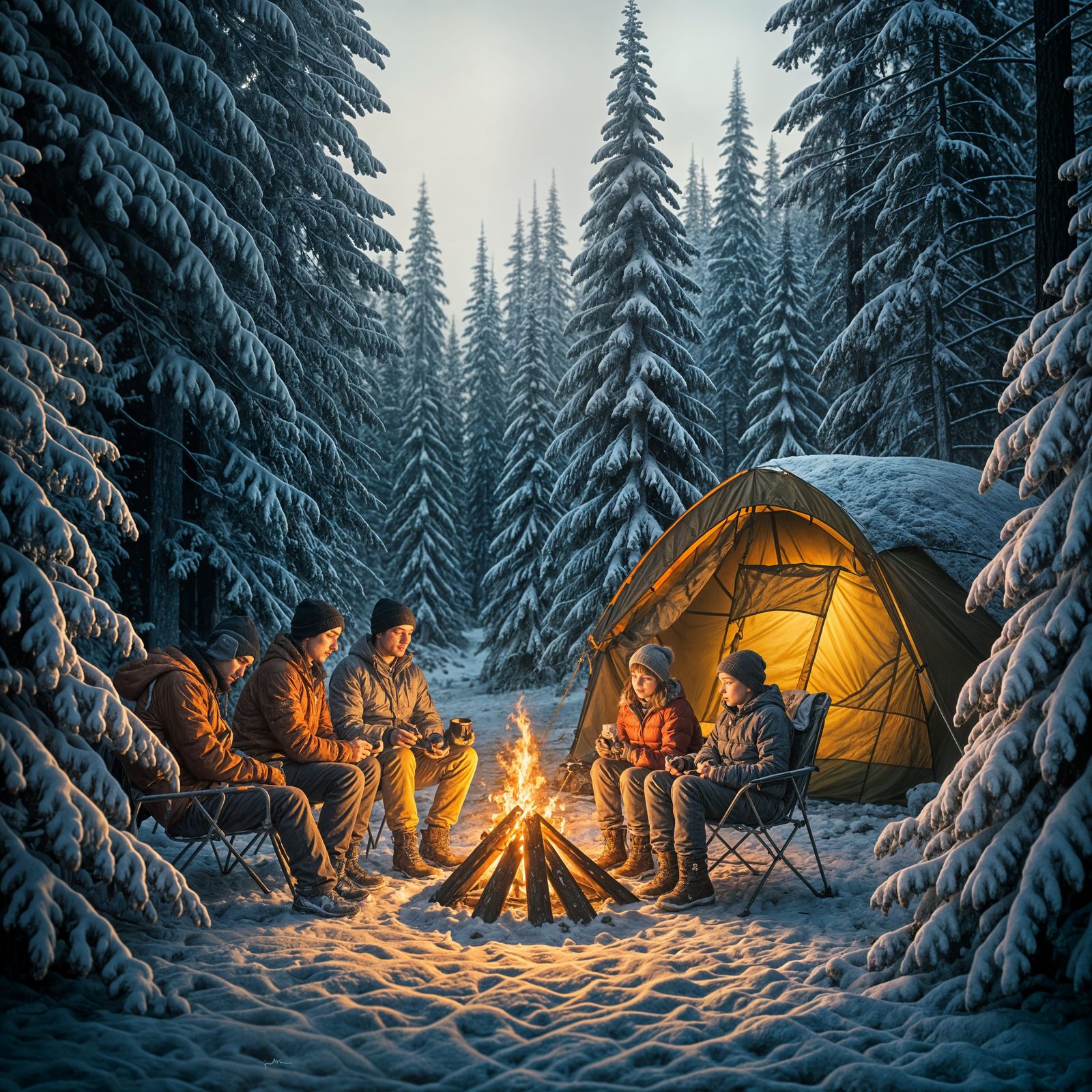 Winter Family Camping Scene in Cinematic Style