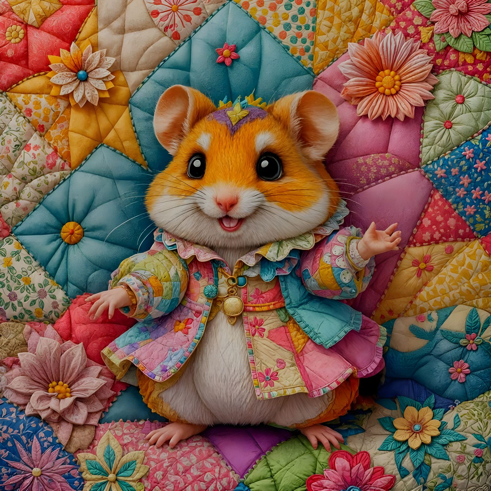 Cute Hamster in 3D Quilted Patchwork Style