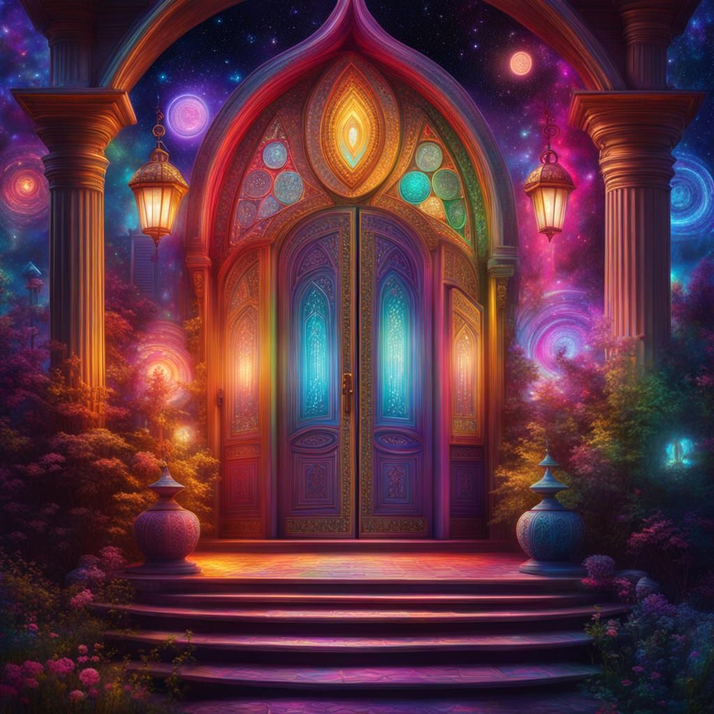 Magical House with Many Doors in Holographic Style