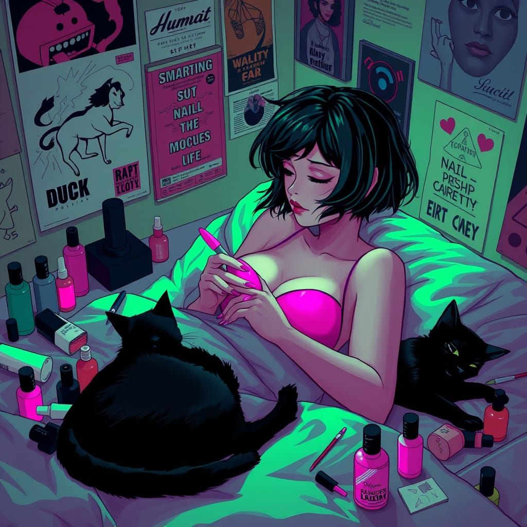 Anime Woman Paints Nails in Retro-Futuristic Bedchamber