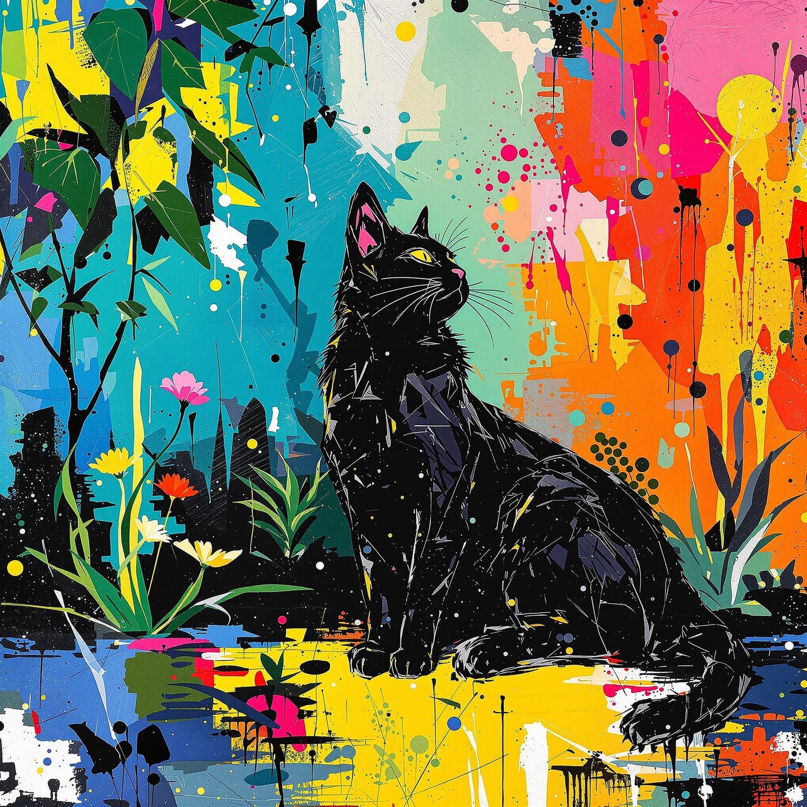 Black Cat in Garden: Mid-Century Modern Graffiti Art