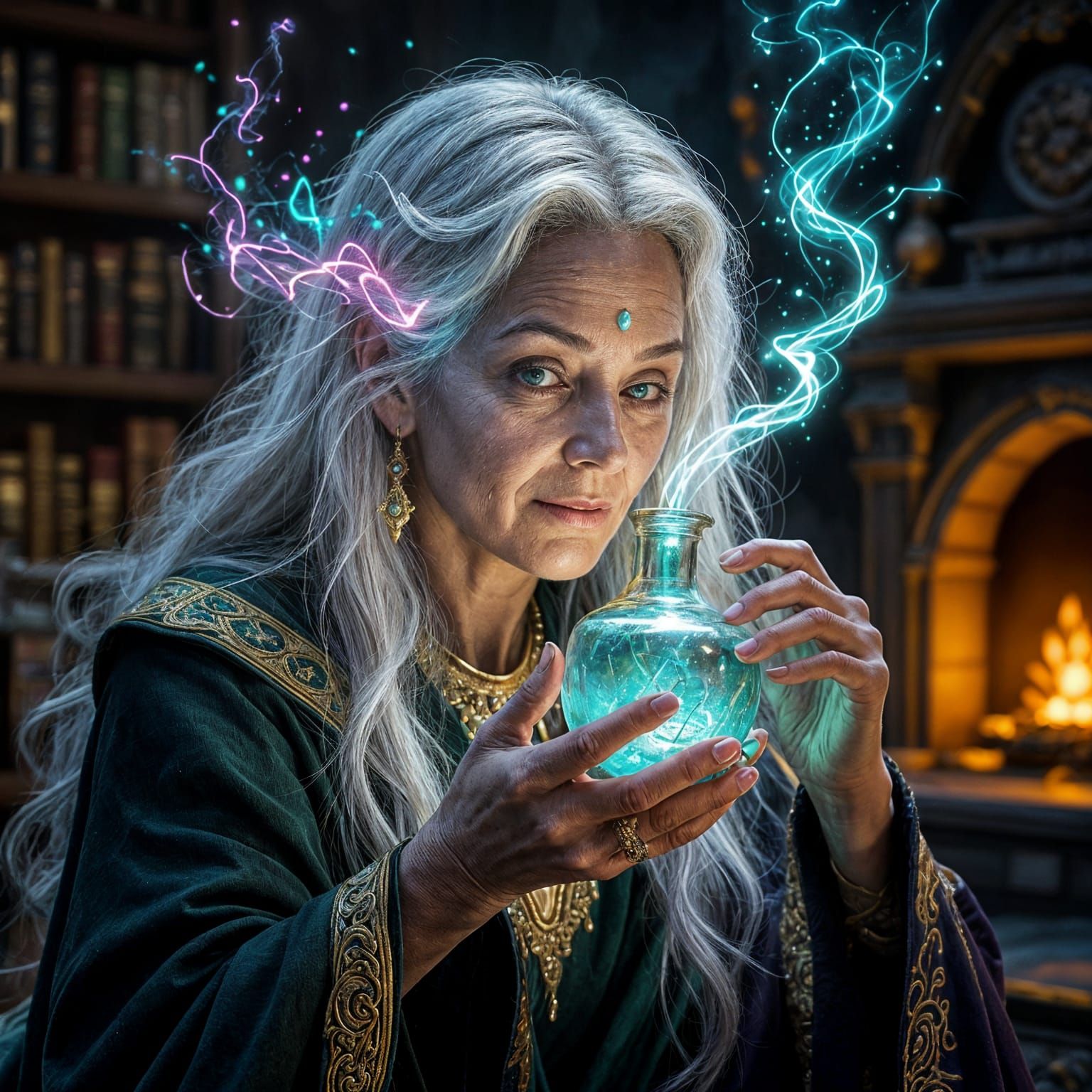 Ancient Woman Undergoing Magical Transformation in Dark Fant...