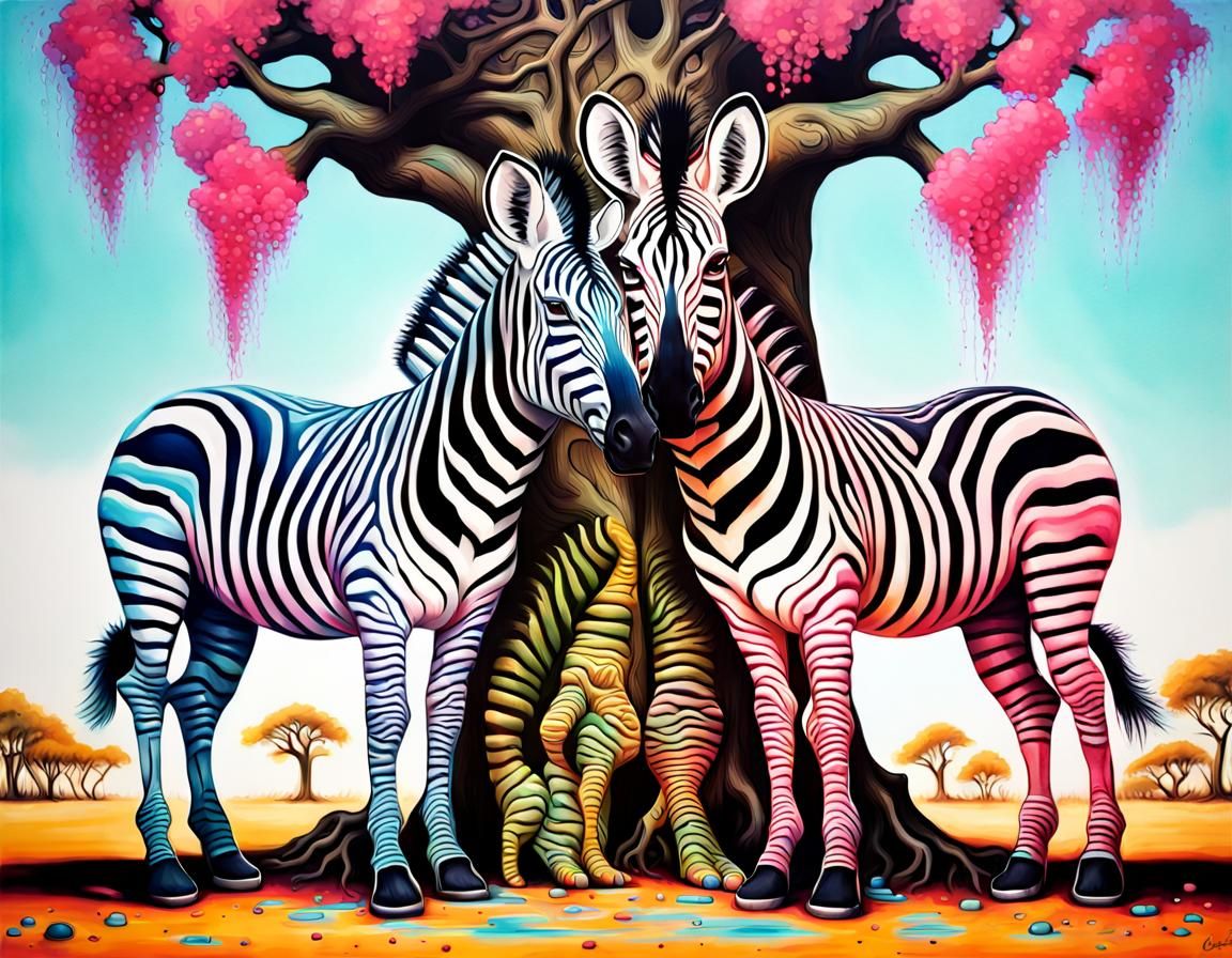 Colorful Zebras Under Baobab: Fantasy Graffiti Art