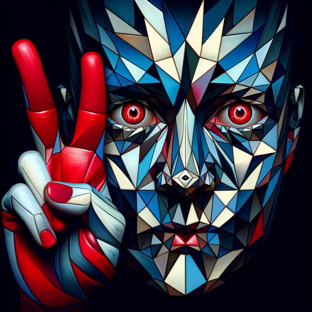 Fractured Geometric Face with Red Irises