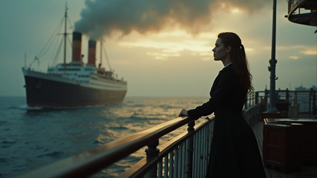 Elegant Woman Stands on Steamer Deck in Panoramic Cinematic ...