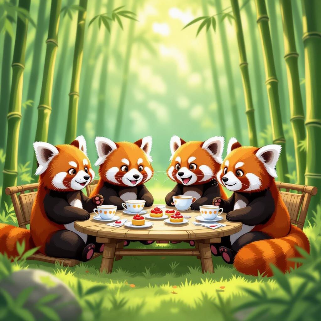 Red Pandas Enjoy Tea Party in Bamboo Forest