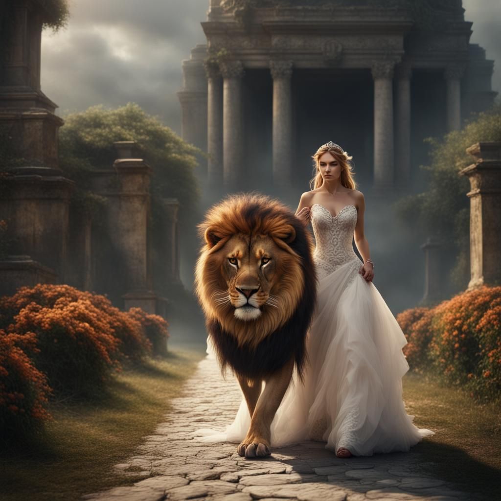 Chained Lion and Bride: Epic Digital Painting