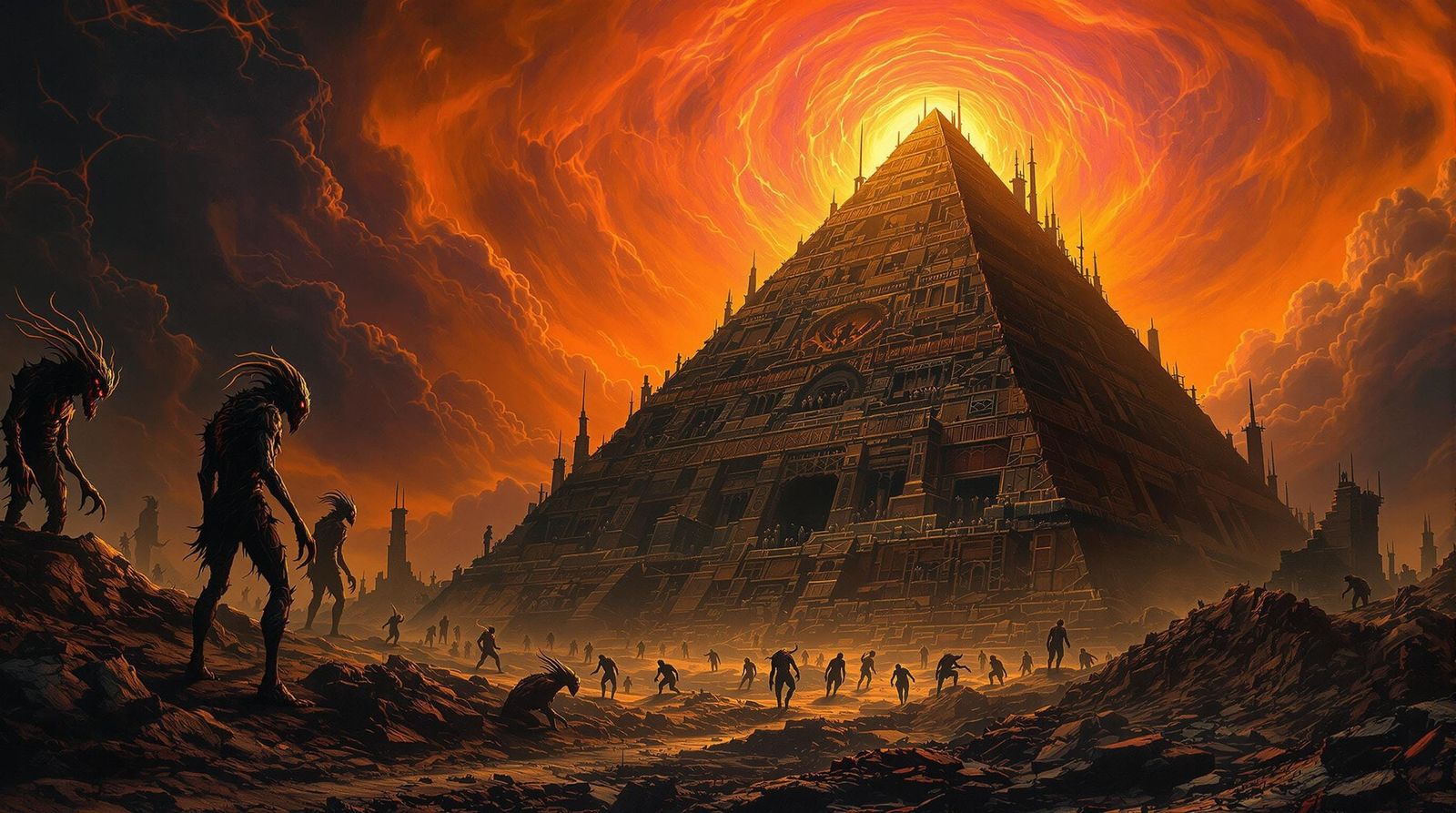 Surreal Hieronymus Bosch-Inspired Pyramid Teeming with Grote...