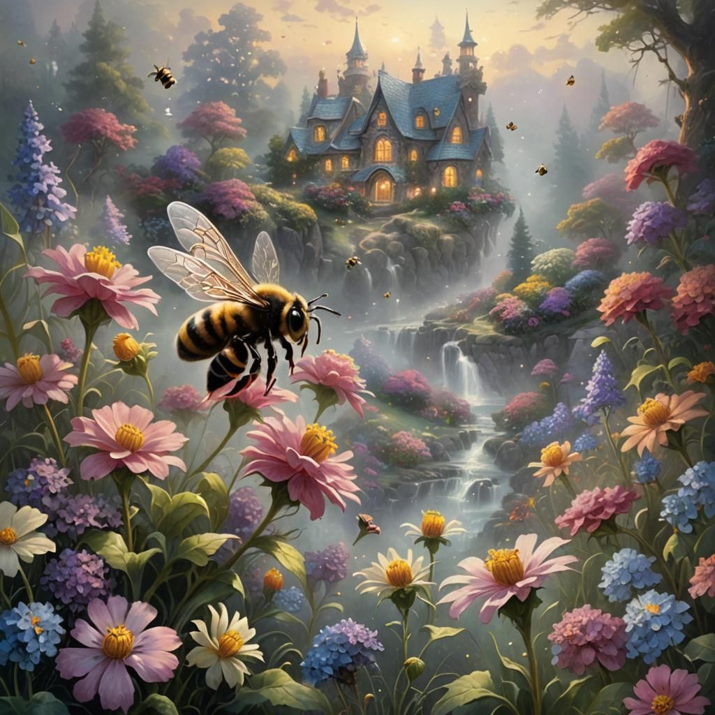 Ethereal Bee on Flower in Kinkade Style