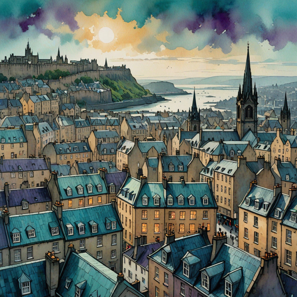 Ethereal Watercolor Scene on Vintage Parchment in Edinburgh