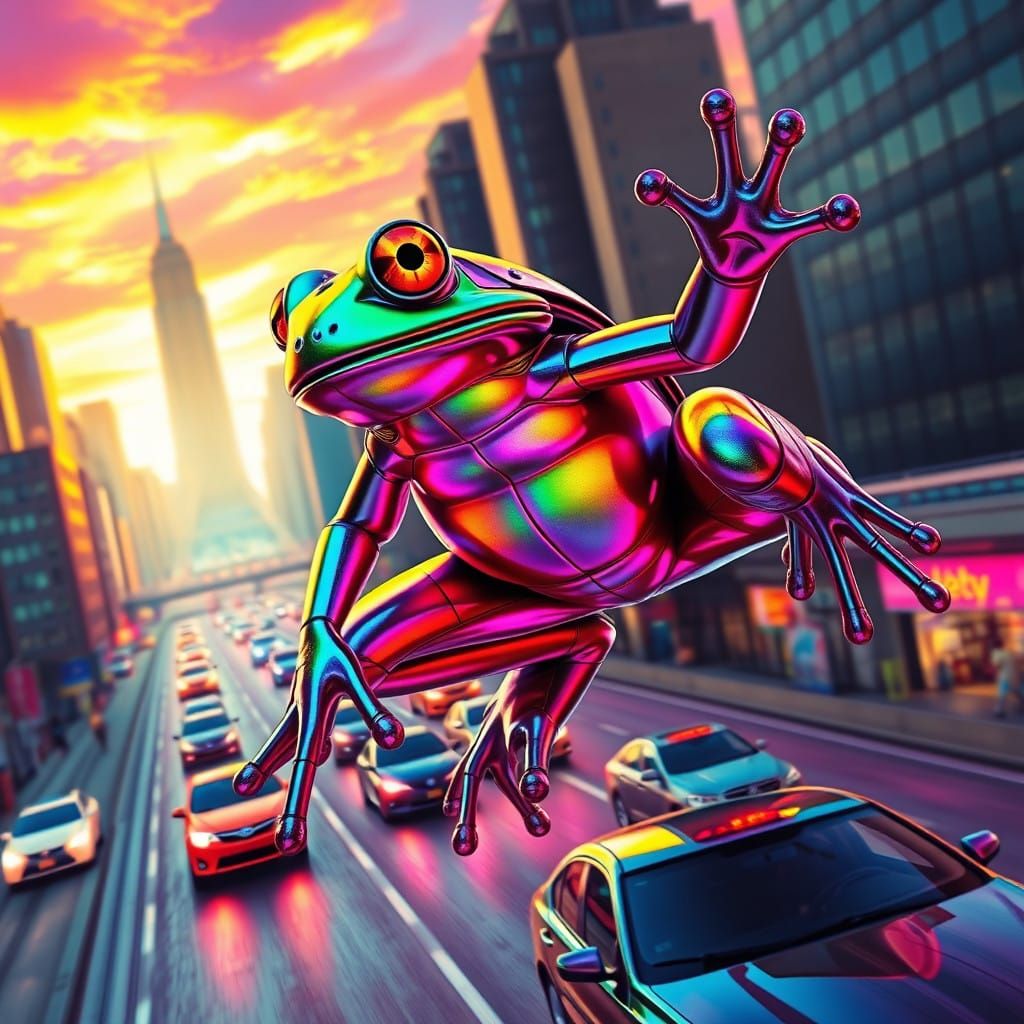 Gigantic Iridescent Frogger Leaps Over Speeding Cars on NYC....