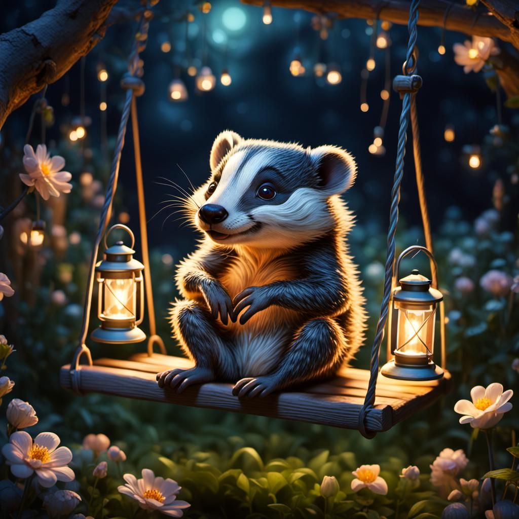 Cute Badger on Garden Swing at Night