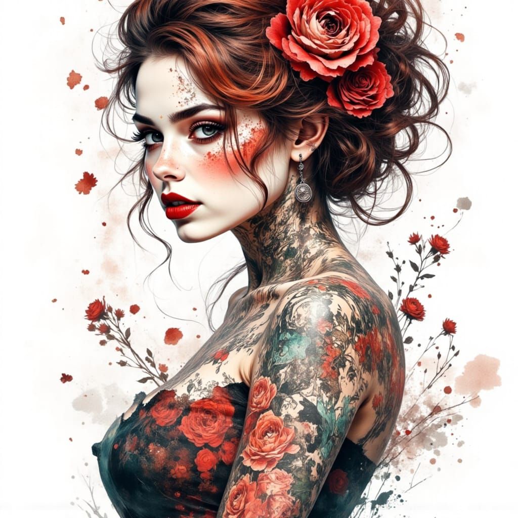 Airbrush Illustration of Curvy Woman with Tattoos