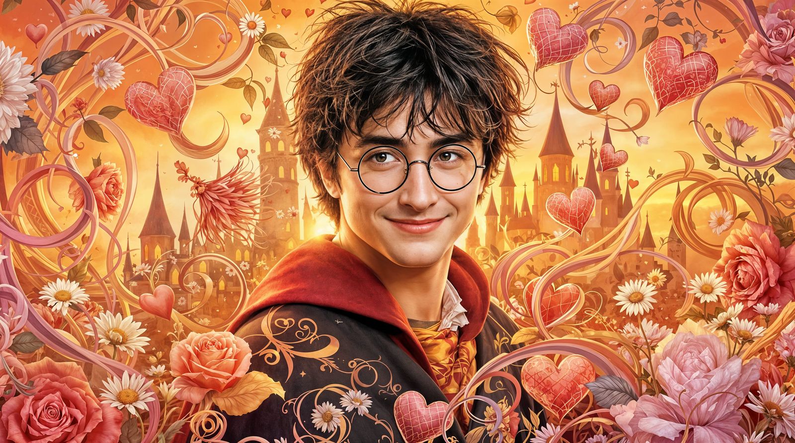 Charming Harry Potter Surrounded by Whimsical Hearts and Blo...