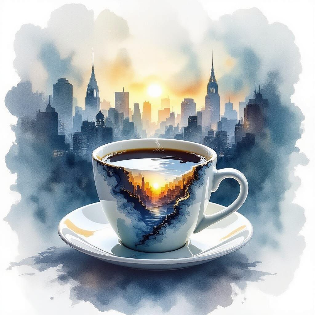 Ethereal Watercolor Coffee Cup Reflecting Cityscape