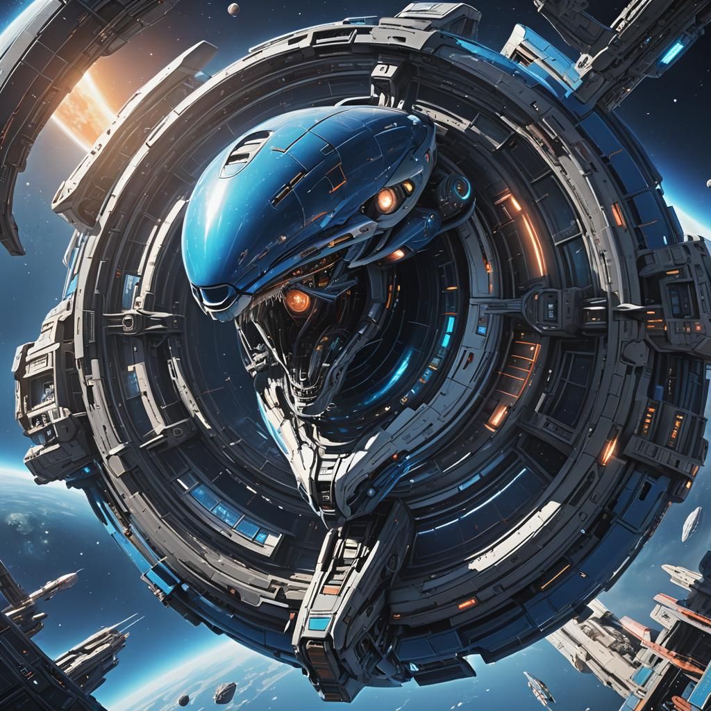 Alien Starship in Blue Space: 3D Anime Art