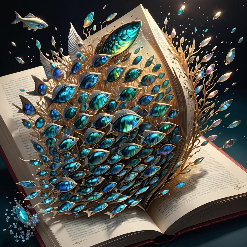 Flying Fish Emerge from Book, Hyperrealistic Style