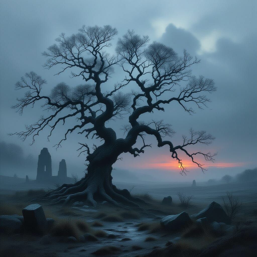 A solitary, ancient tree stands in a desolate, fog-shrouded ...