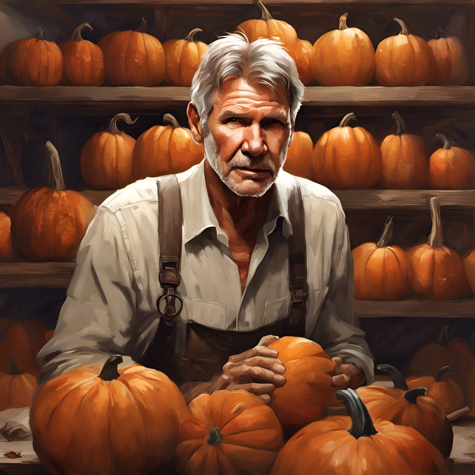 Man with Pumpkin Portrait in Digital Illustration Style