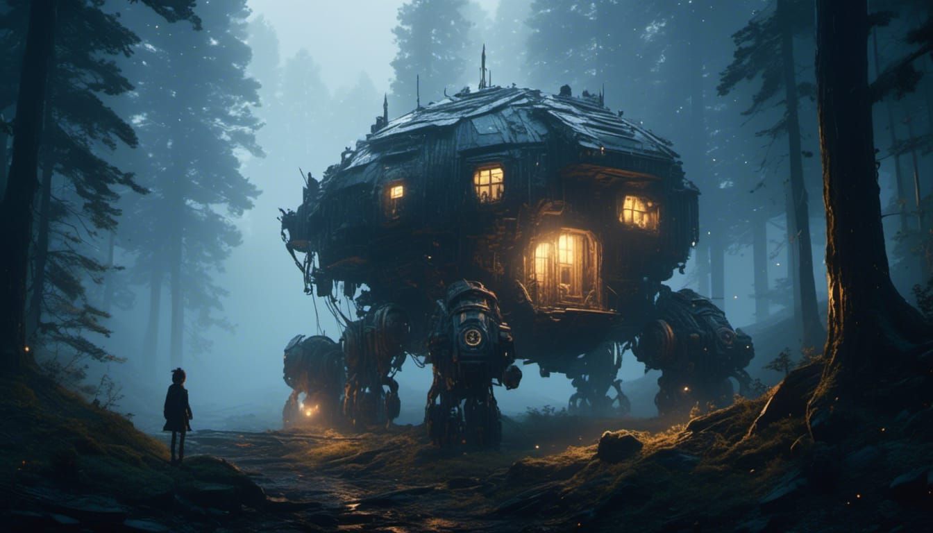 Steam-Powered Mech in Dark Forest, Lit Hut