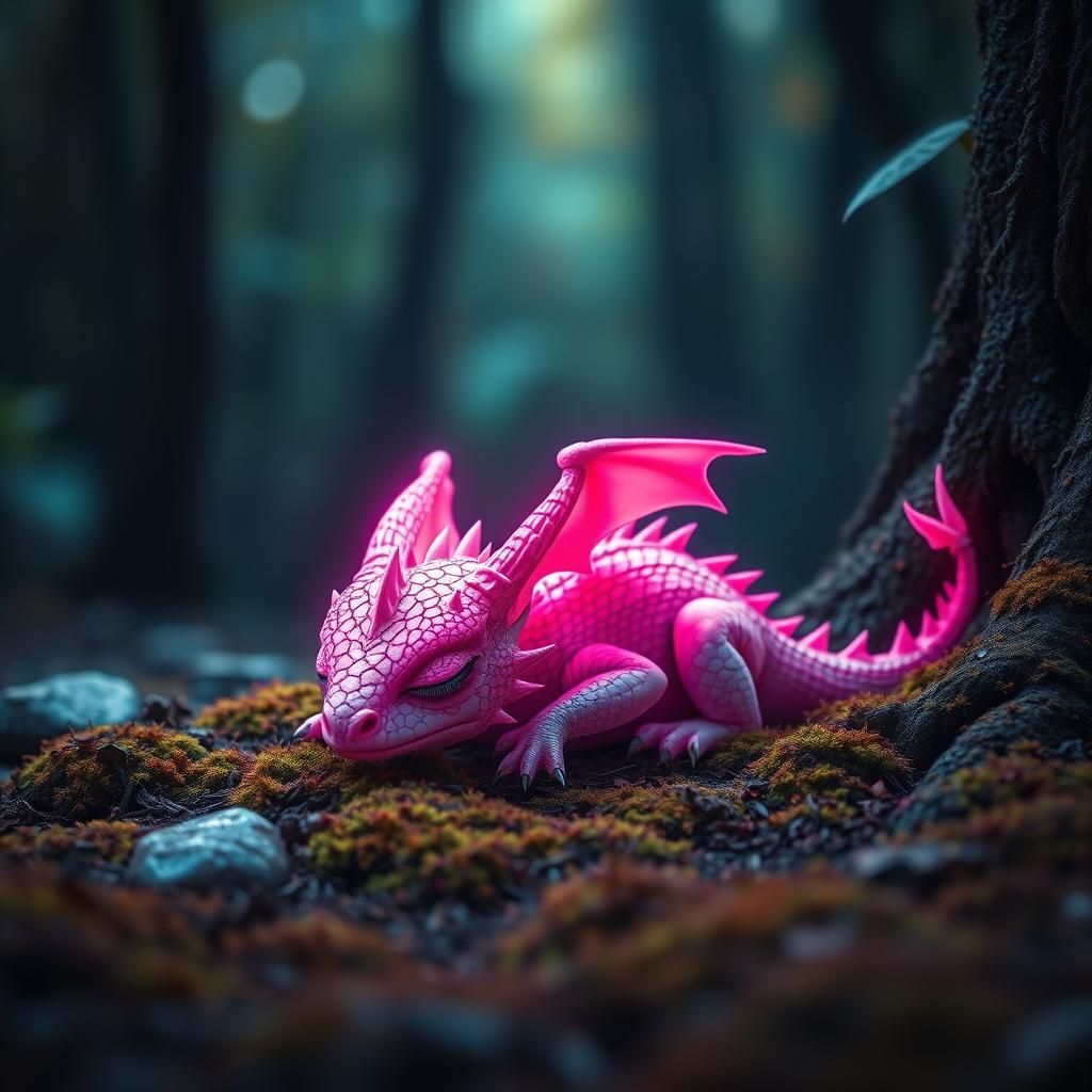 Neon Pink Dragon in Mossy Forest: Hyperrealistic Art