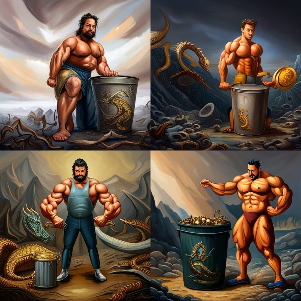 Triumphant Trashcan Bodybuilder in Dragon's Lair Oil Paintin...