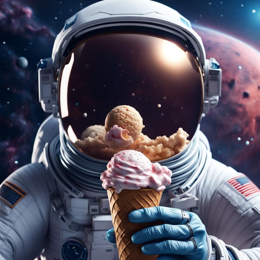 Astronaut Eating Ice Cream in Space, Hyperrealistic Art