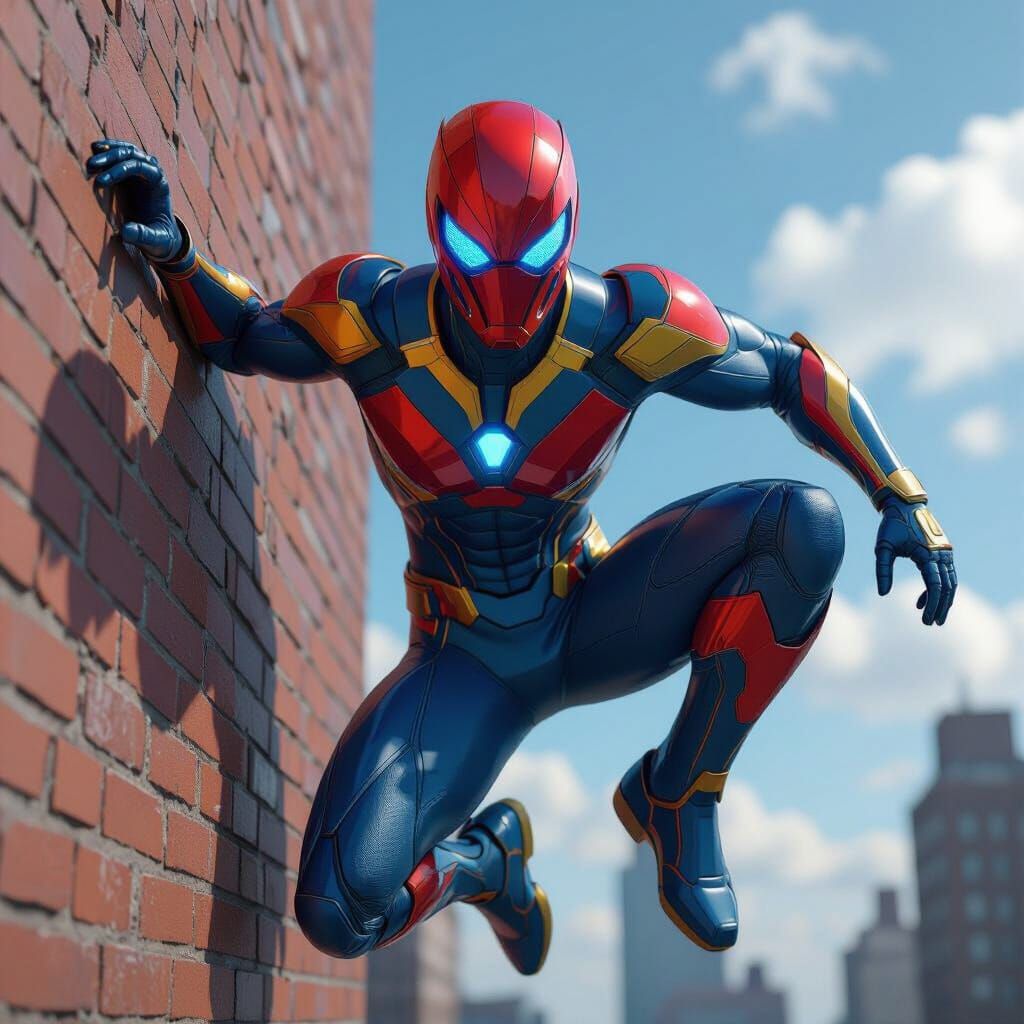 Superhero in Armored Suit Against Skyscraper