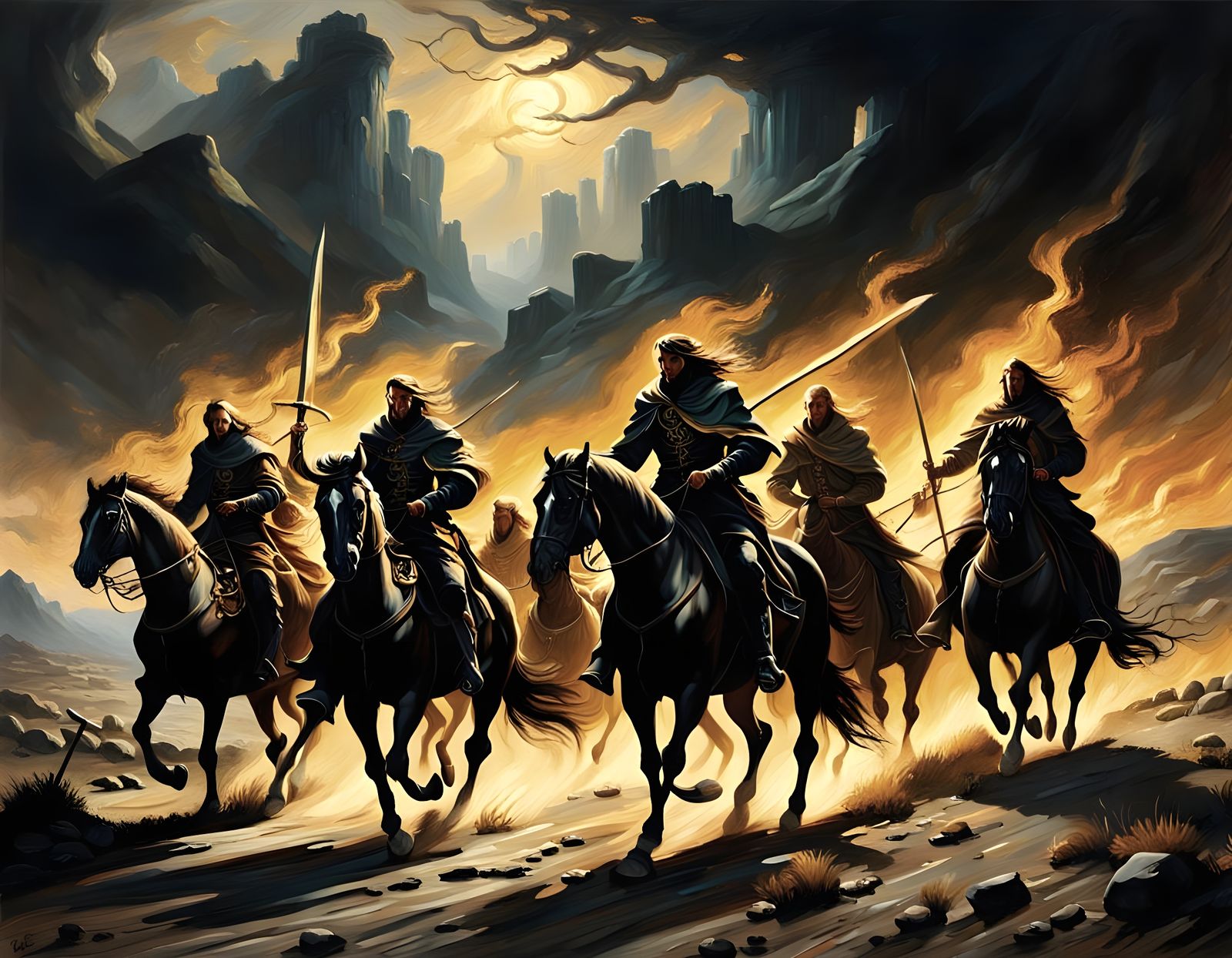 Apocalyptic Horsemen Devastate Earth as Oil Painting