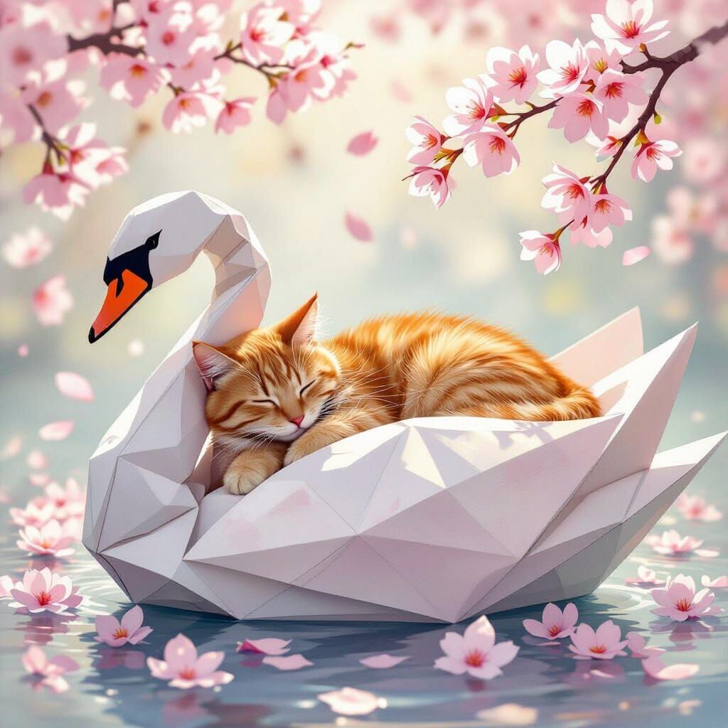 Ginger Cat's Origami Swan Dream in Watercolor